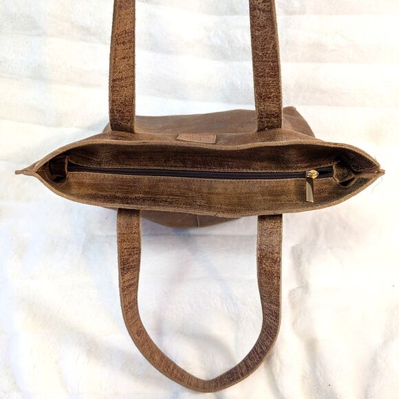 Pilche Brown Distressed Leather Gold Studs Zipper Closure Tote Shoulder Bag - Picture 3 of 9